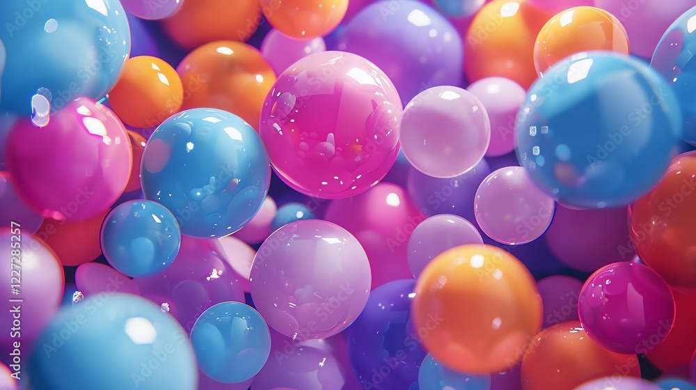 3D rendering. Pink, blue, orange, and purple glossy spheres of different sizes on a dark blue background. 3D rendering. Pink, blue, orange, and purple glossy spheres of different sizes on a dark blue background.