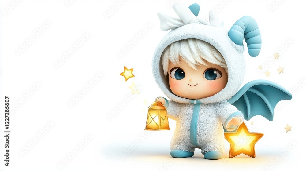 A cute child in a fluffy blue and white dragon costume holds a lantern and stands among sparkling stars. A cute child in a fluffy blue and white dragon costume holds a lantern and stands among sparkling stars.
