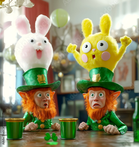 Funny 3D Leprechauns with Easter Bunny Hats Having Drinks - Saint Patrick's Day meets Easter Concept