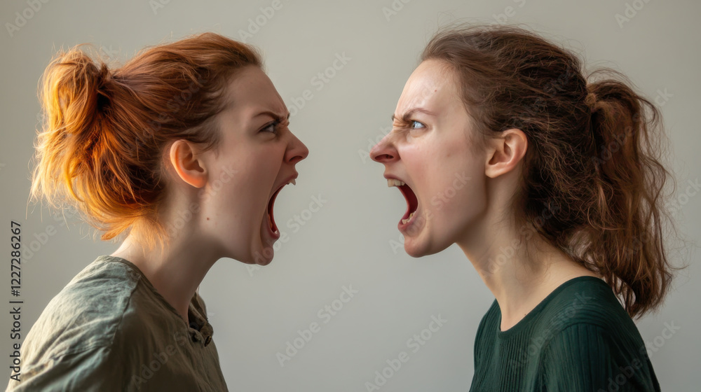 Two women engage in a heated argument while expressing strong emotions and frustrations in a neutral indoor setting Two women engage in a heated argument while expressing strong emotions and frustrations in a neutral indoor setting