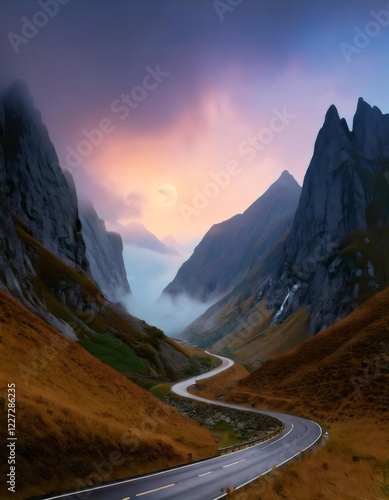 Winding mountain road at sunset with full moon rising photo