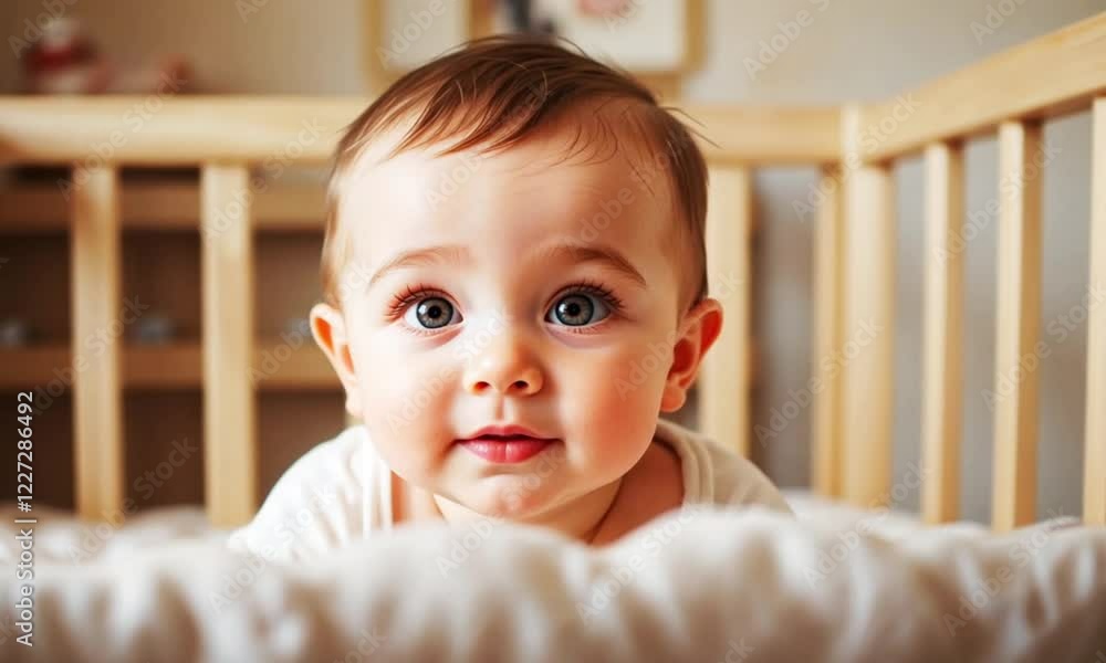cute baby smiling in wooden cage bed