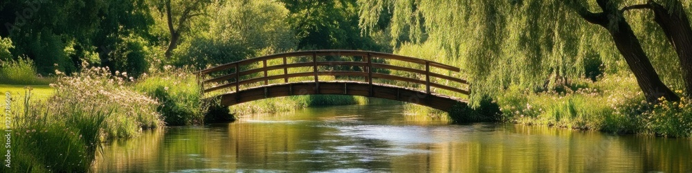 Rustic wooden bridge over calm stream surrounded by lush green nature and willow trees Rustic wooden bridge over calm stream surrounded by lush green nature and willow trees