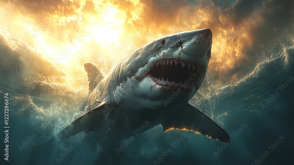 Naklejka premium Majestic Great White Shark Underwater at Sunset