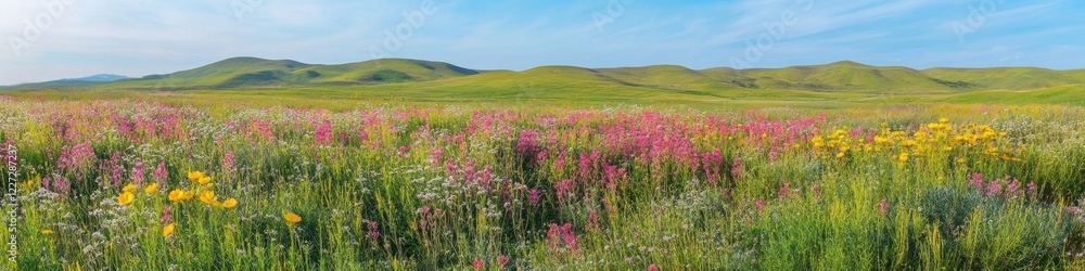 Obraz premium Panoramic view of colorful wildflower meadow against rolling green hills