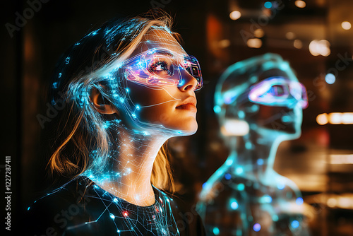 Futuristic woman observing digital projections in an illuminated urban environment during evening hours