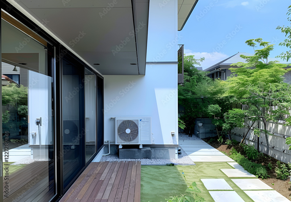 Naklejka premium Nowoczesny dom z klimatyzacją i zielonym ogrodem.