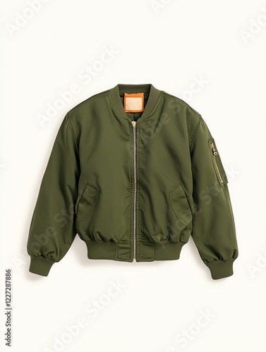A stylish green bomber jacket featuring a zip closure and a relaxed fit, perfect for casual wear and layering during cool weather.