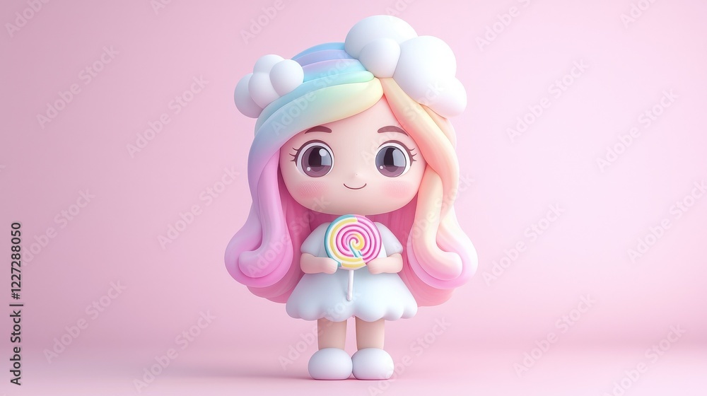 A cute, pastel-colored doll with cloud-like accessories, holding a lollipop, set against a soft pink background. A cute, pastel-colored doll with cloud-like accessories, holding a lollipop, set against a soft pink background.