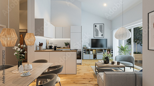 Modern open plan kitchen and living room showing minimalist interior design
