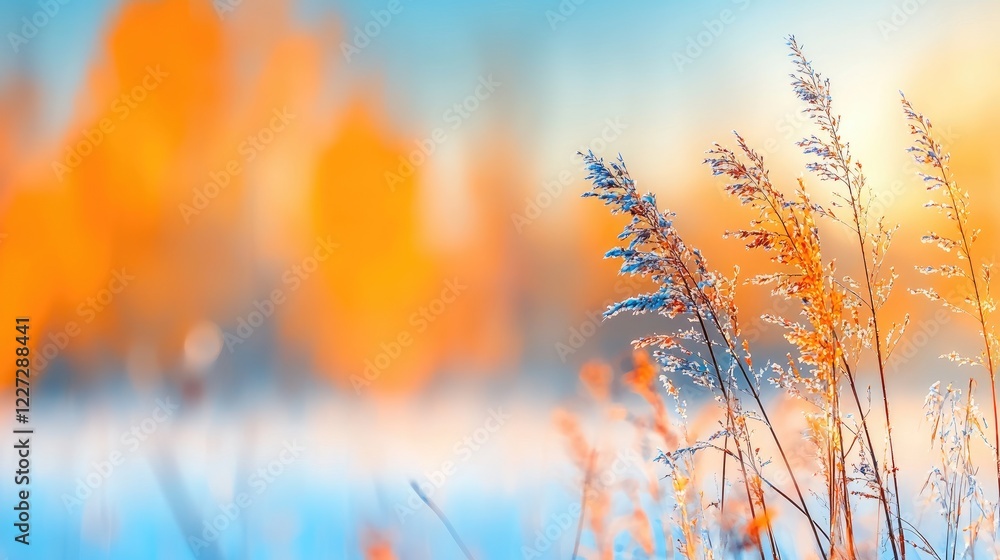 Obraz premium Frosty winter sunset, grass foreground, orange trees background. Ideal for nature calendar