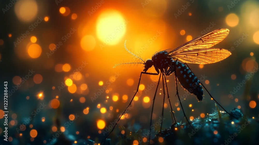 Golden Hour Mosquito Silhouette: A Detailed Macro View with Warm Bokeh Golden Hour Mosquito Silhouette: A Detailed Macro View with Warm Bokeh