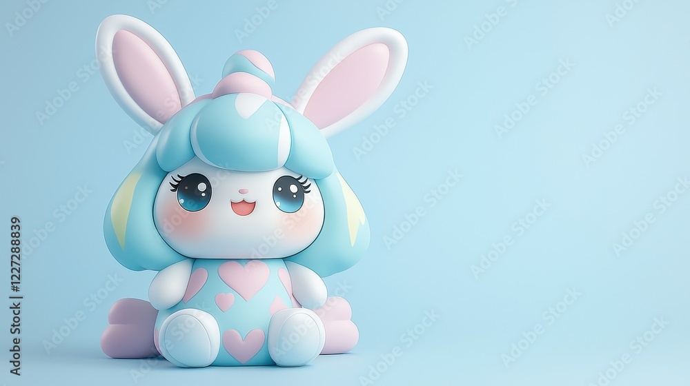 Fototapeta premium A cute, pastel-colored bunny character with large eyes and fluffy features, sitting against a light blue background.