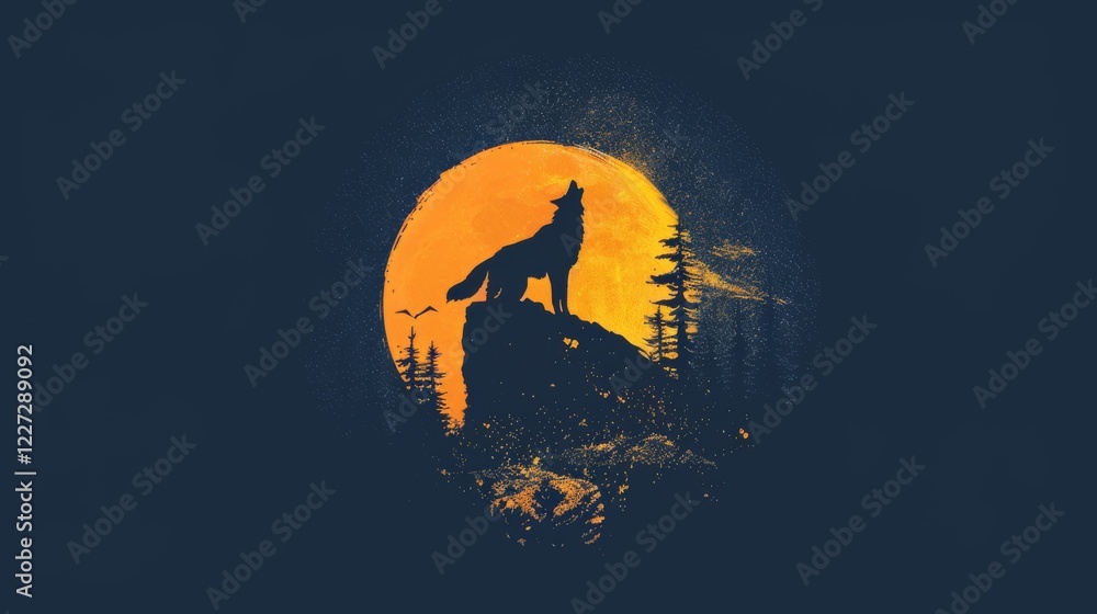 Fototapeta premium A silhouette of a wolf howling on a cliff against a large, bright orange full moon with some clouds. The scene includes pine trees and a dark blue background, creating a striking and dramatic contrast