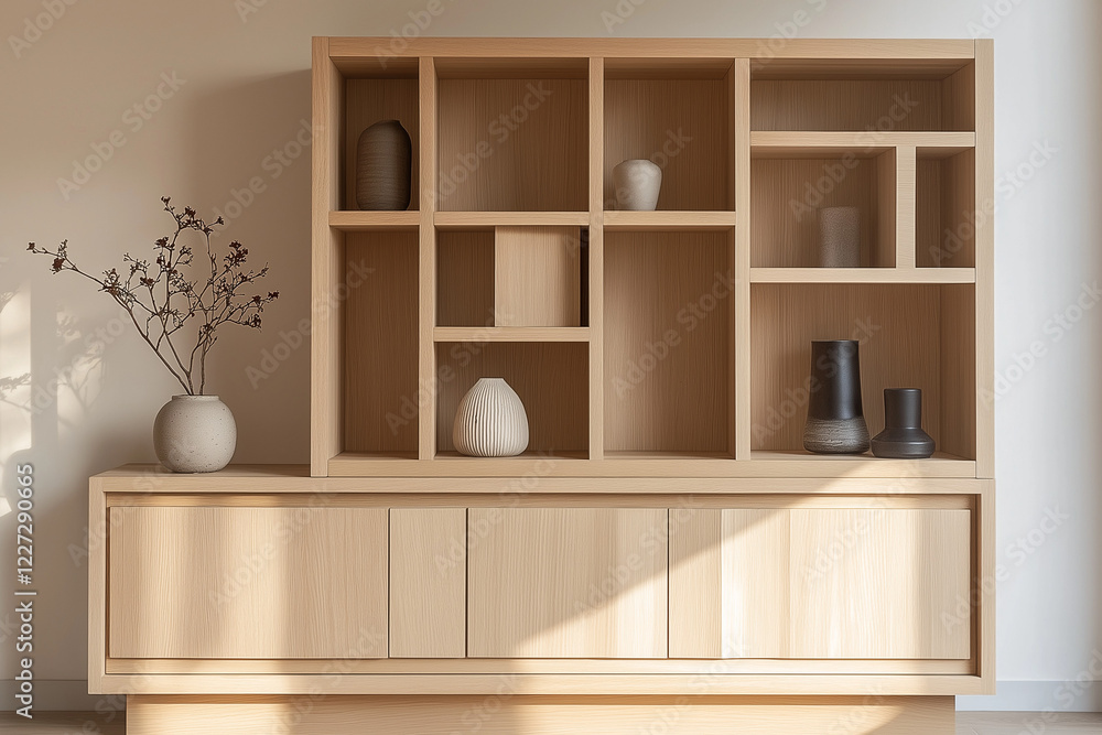 Fototapeta premium Light Wood Minimalist Cabinet with Open Shelving: Modern and Spacious