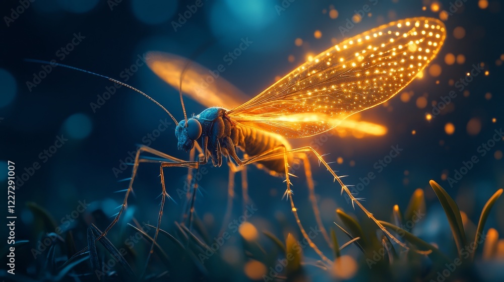 Glowwing mosquito with intricate golden patterns amidst a dark blue background Glowwing mosquito with intricate golden patterns amidst a dark blue background