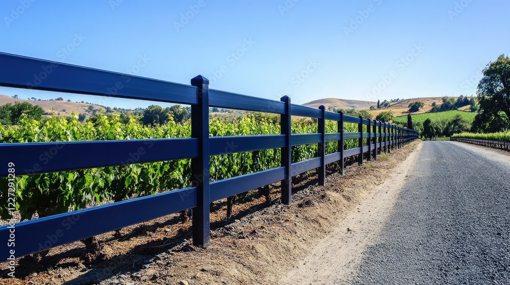 A bleu aluminum fence running alongside a beautiful vineyard, with rows of grapevines stretching into the distance. A bleu aluminum fence running alongside a beautiful vineyard, with rows of grapevines stretching into the distance.
