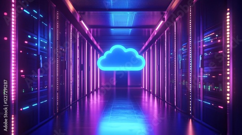 Futuristic Data Center with Glowing Blue Cloud Icon  Representing Advanced Cloud Computing and Digital Transformation Technologies  Modern Network Infrastructure and Virtual Servers