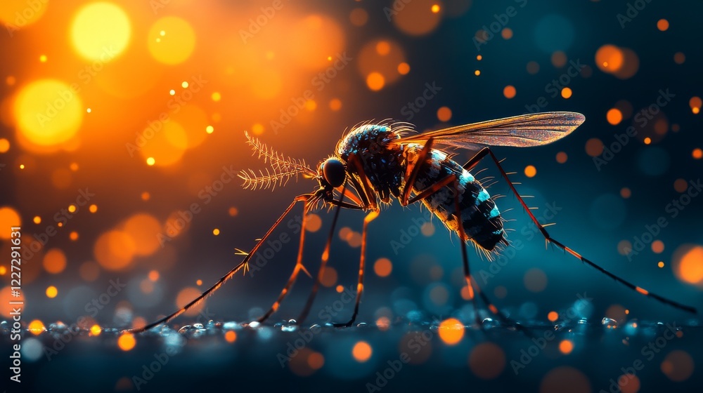 A macro view of a mosquito against a backdrop of bokeh lights showing its detailed structure and hairy legs on a wet surface A macro view of a mosquito against a backdrop of bokeh lights showing its detailed structure and hairy legs on a wet surface