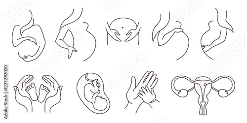Motherhood lineart silhouette set. Mother's Day line vector illustrations. Isolated pregnancy images on white background 