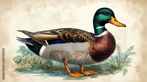Vintage illustration of a mallard duck standing on grass