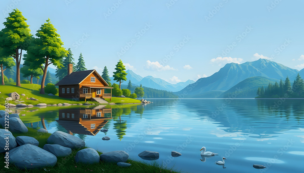 Fototapeta premium house on the lake 3d render illustration , with white tonespng