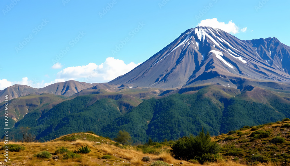 Volcanic mountain range with crater on wilderness in summer , with white tonespng Volcanic mountain range with crater on wilderness in summer , with white tonespng