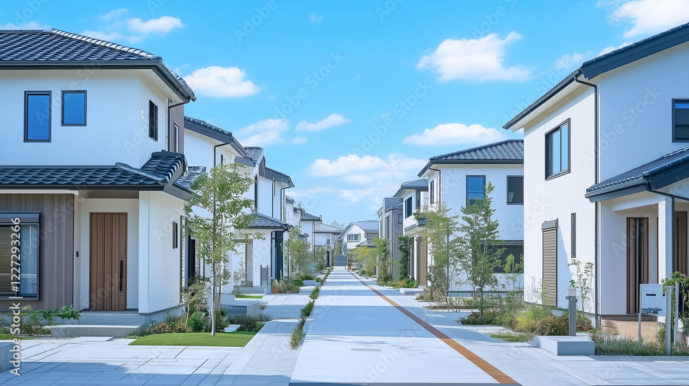 Fototapeta premium 緑あふれる現代的な住宅街の白い家並み