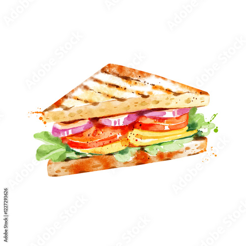 Watercolor hand drawn fastfood illustration of sandwich. Vector painted isolated food packaging design