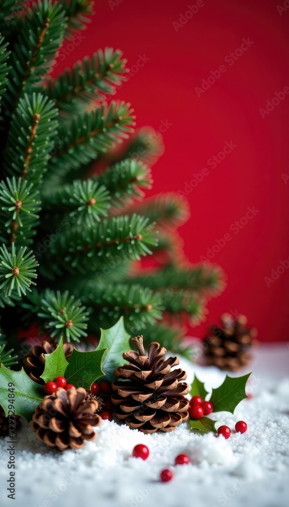 Pinecones and holly lie scattered on the ground beneath a pine tree against a red Christmas background, woodland, evergreen, winter wonderland Pinecones and holly lie scattered on the ground beneath a pine tree against a red Christmas background, woodland, evergreen, winter wonderland