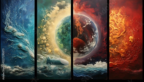 A stunning four-panel artwork representing the classical elements, water, earth, fire, and air, depicted in a surreal, fluid painting style with vibrant colors and dynamic motion.