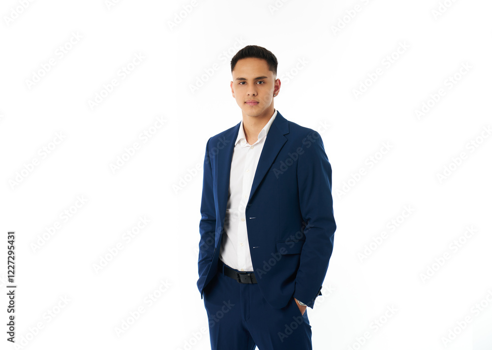 Businessman posing with hands in pockets in studio photo shoot Businessman posing with hands in pockets in studio photo shoot