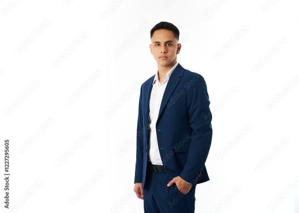 Businessman posing with hand in pocket during corporate photoshoot Businessman posing with hand in pocket during corporate photoshoot
