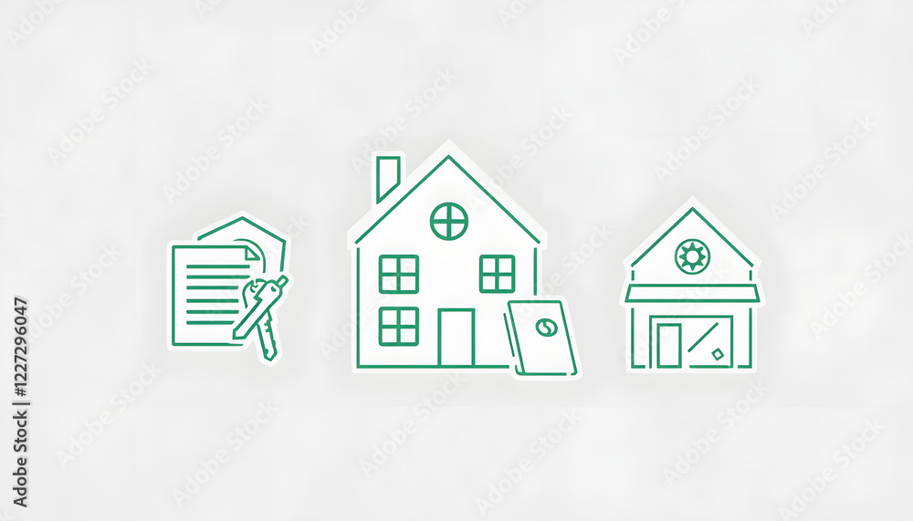 Simple line art icons of houses, a contract, and a building, representing real estate, home services, and property management in a minimalist design Simple line art icons of houses, a contract, and a building, representing real estate, home services, and property management in a minimalist design