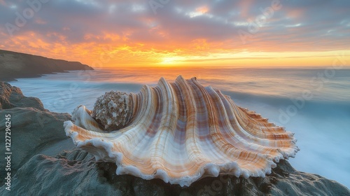 A stunning spiny oyster shell resting on a coastal rock, showcasing vibrant orange hues and intricate ridges with waves and sunset in the background. photo