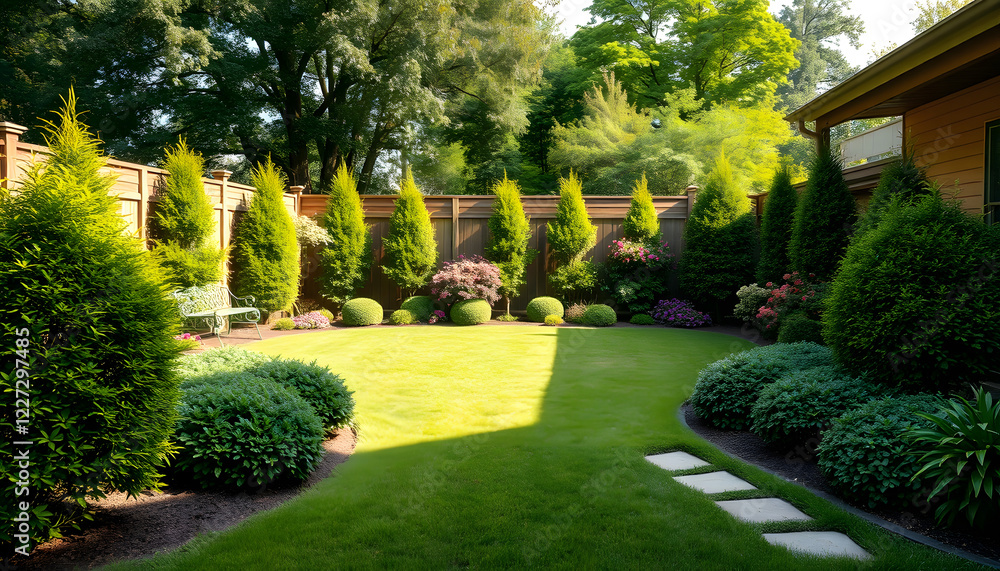 Obraz premium Backyard area with nicely trimmed garden , with white tonespng