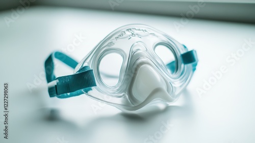 Transparent breathing mask with blue straps on a light surface photo