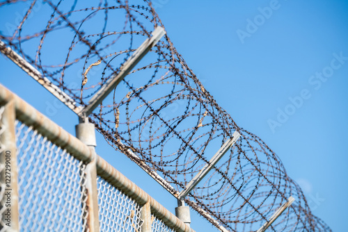 Barbed wire fence symbolizing border control, geopolitical tensions, and restricted freedoms in modern society. Barbed wire border security fence. Barrier border. Boundary security wall. Private area.