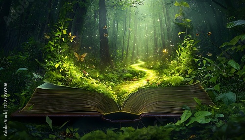 A magical open book transforming into an enchanted forest, with glowing pathways, lush greenery, and butterflies symbolizing the power of imagination and storytelling.
