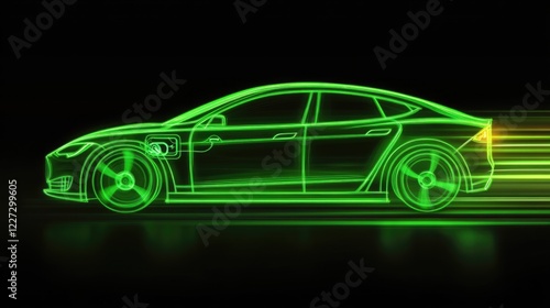 Illustration of a green neon electric car speeding in darkness, symbolizing rapid EV motion. Vector
