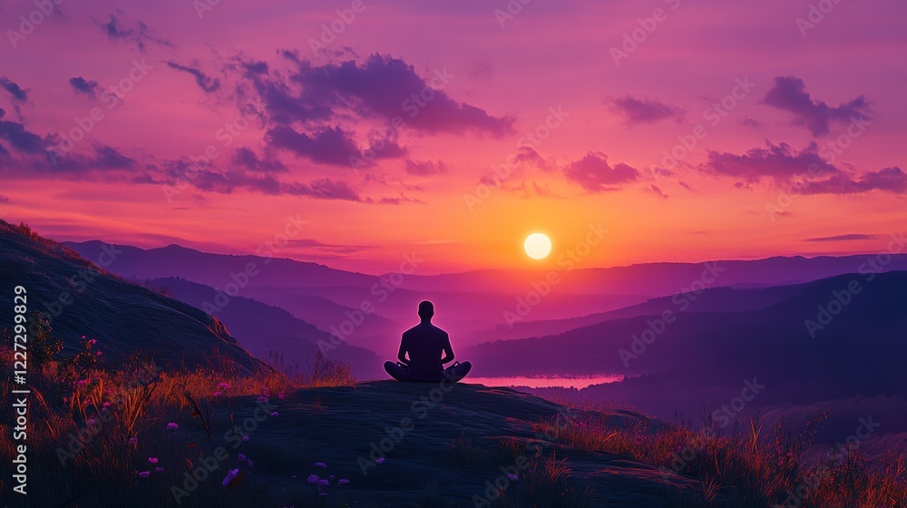 Sage Meditating on Hilltop at Dusk, Silhouette Against Purple, Pink, and Orange Horizon Sage Meditating on Hilltop at Dusk, Silhouette Against Purple, Pink, and Orange Horizon