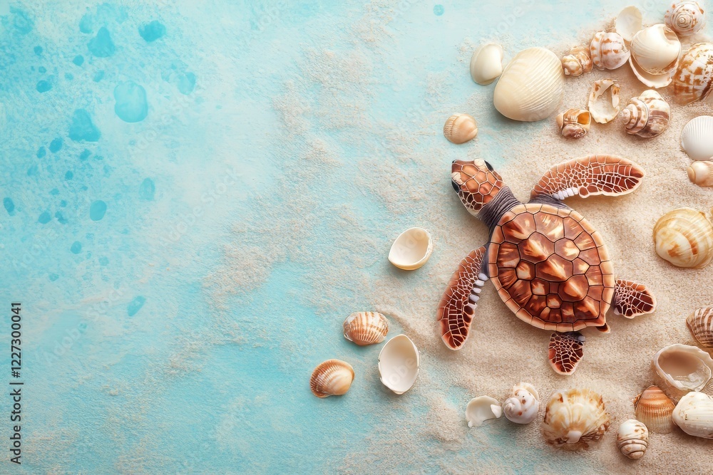 Fototapeta premium Baby sea turtle hatching at dawn on sandy beach surrounded by shells and ocean waves with copy-space
