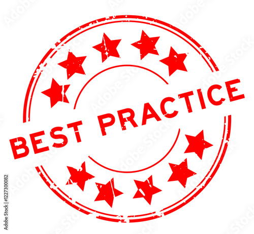 Grunge red best practice word with star icon round rubber seal stamp on white background