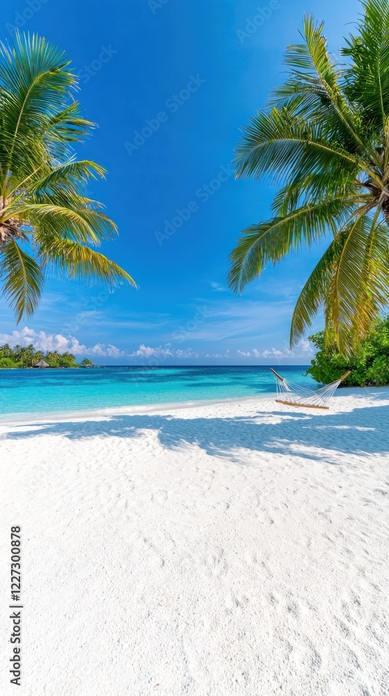 Vibrant Tropical Beach Scene with Lush Palm Trees and Clear Turquoise Water Vibrant Tropical Beach Scene with Lush Palm Trees and Clear Turquoise Water