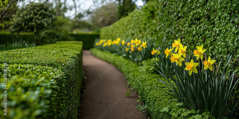Obraz premium Garden Path with Daffodils and Boxwood Hedges