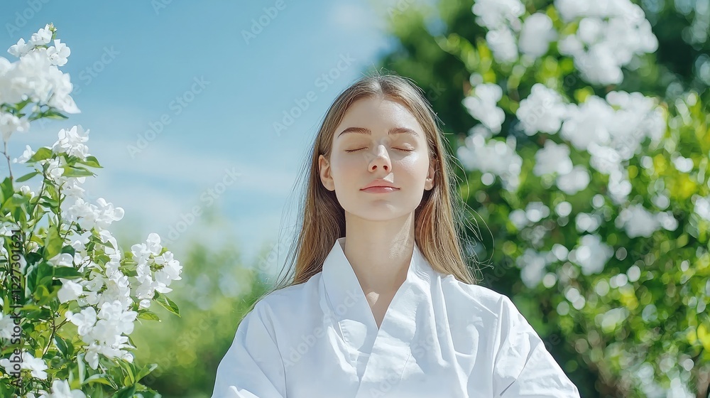 Woman meditates outdoors, serene garden, sunny day, wellness Woman meditates outdoors, serene garden, sunny day, wellness