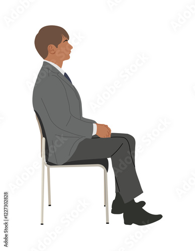 Businessman sitting on the office chair side view. Young handsome man wearing formal office suit. Vector realistic illustration isolated on white background.