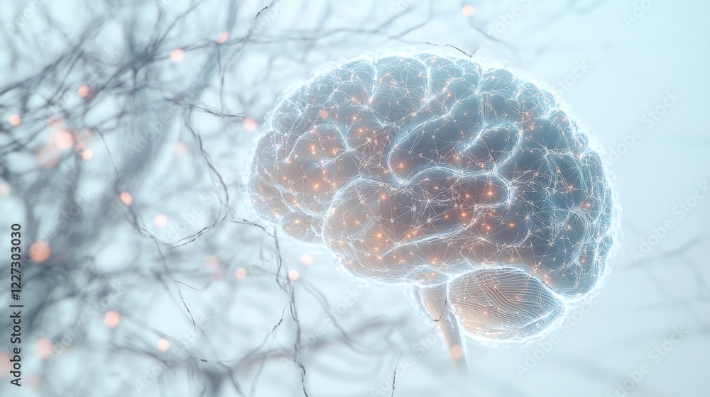 Obraz premium An abstract illustration of a human brain with illuminated synapses and neural pathways, set against a white background, Minimalist style