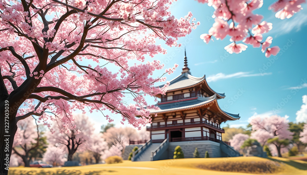 wonderful abstrat enviroment cherry blossom temple tree house 3d with sky background , with white tonespng wonderful abstrat enviroment cherry blossom temple tree house 3d with sky background , with white tonespng
