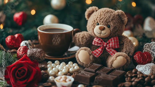 Cozy Winter Wonderland:  A teddy bear with a red bow sits beside a steaming cup of coffee, surrounded by festive decorations like chocolate, coffee beans, and a red rose. The image evokes warmth.